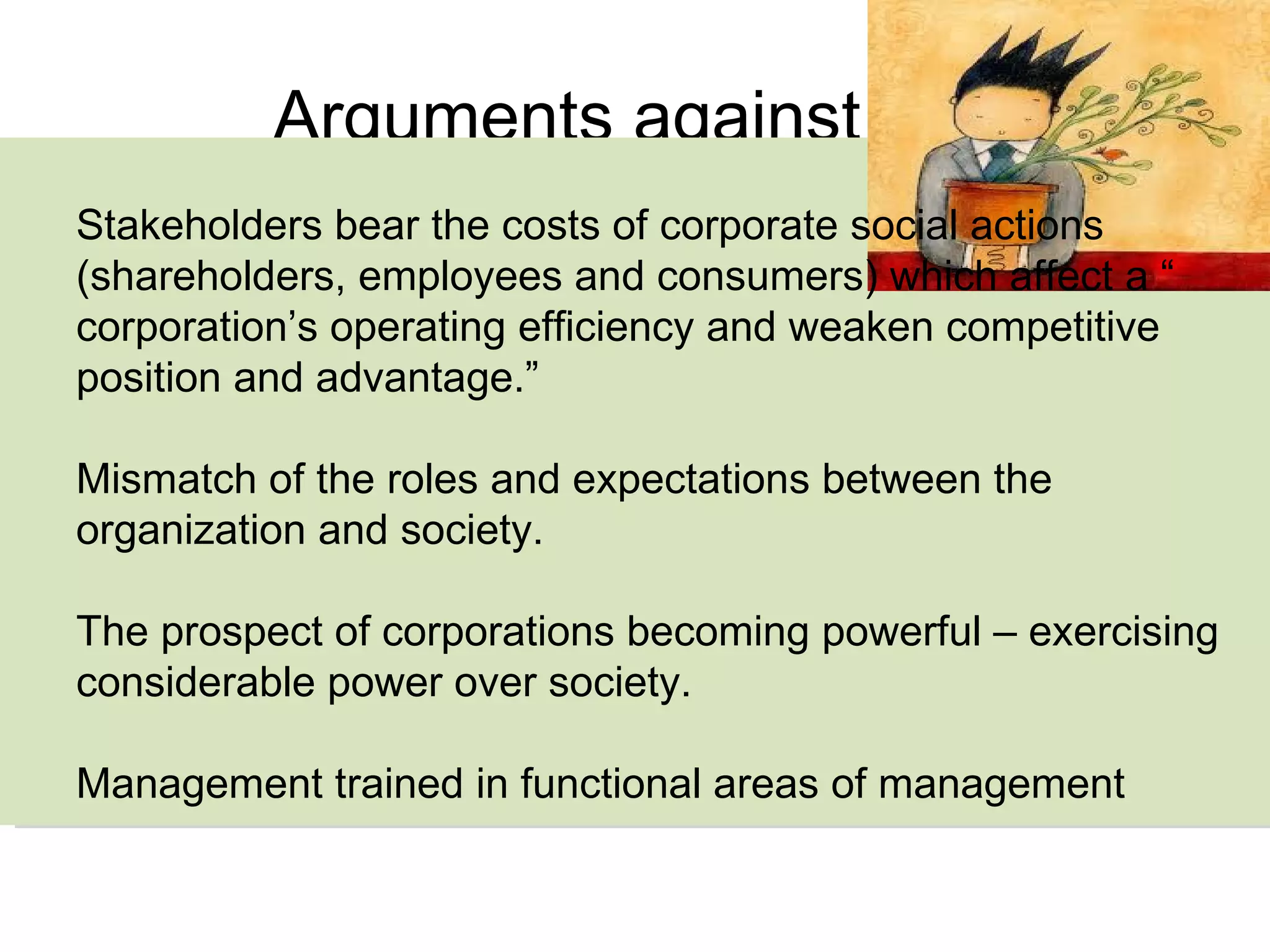 Arguments against CSR Stakeholders bear the costs of corporate social actions (shareholders, employees and consumers) which affect a “ corporation’s operating efficiency and weaken competitive position and advantage.” Mismatch of the roles and expectations between the organization and society. The prospect of corporations becoming powerful – exercising considerable power over society. Management trained in functional areas of management  