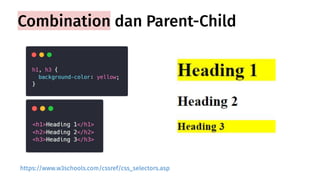 Combination dan Parent-Child
https://www.w3schools.com/cssref/css_selectors.asp
 