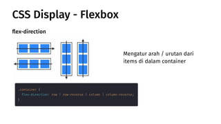 CSS Display - Flexbox
ﬂex-direction
Mengatur arah / urutan dari
items di dalam container
 