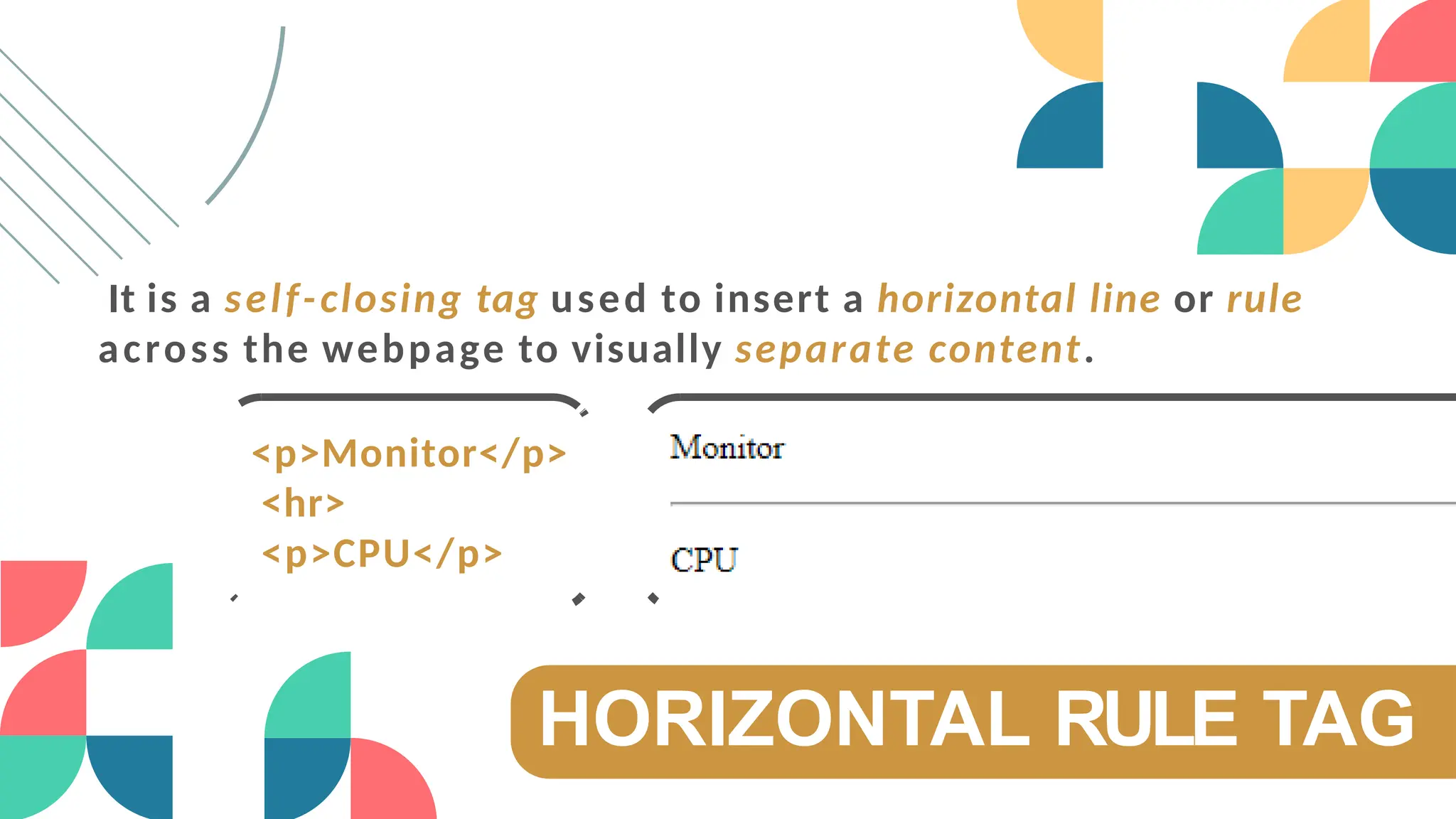 HORIZONTAL RULE TAG
It is a self-closing tag used to insert a horizontal line or rule
across the webpage to visually separate content.
<p>Monitor</p>
<hr>
<p>CPU</p>
 