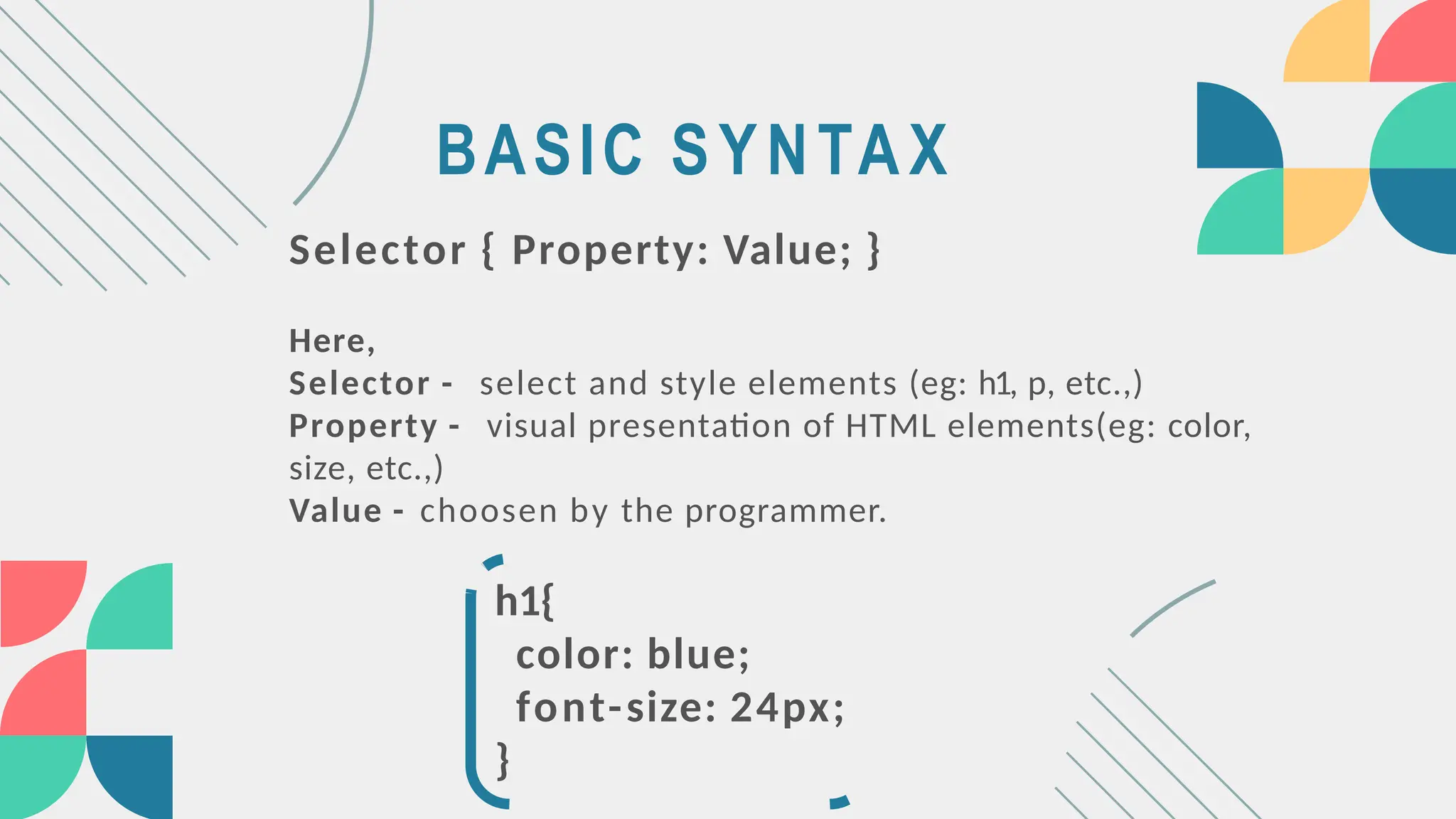 BASIC SYNTAX
Selector { Property: Value; }
Here,
Selector - select and style elements (eg: h1, p, etc.,)
Property - visual presentation of HTML elements(eg: color,
size, etc.,)
Value - choosen by the programmer.
h1{
color: blue;
font-size: 24px;
}
 