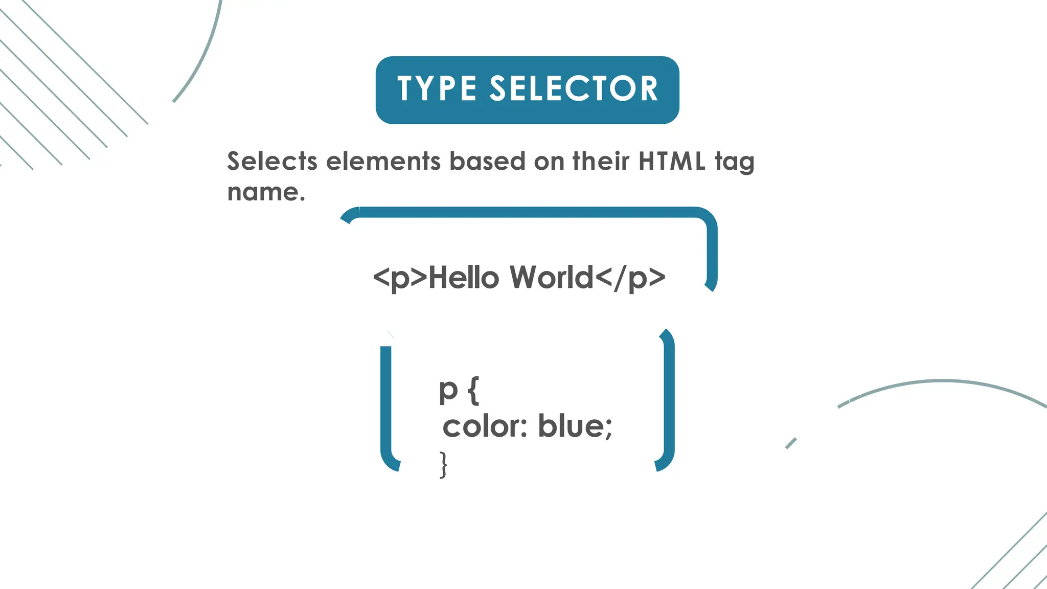 TYPE SELECTOR
Selects elements based on their HTML tag
name.
<p>Hello World</p>
p {
color: blue;
}
 