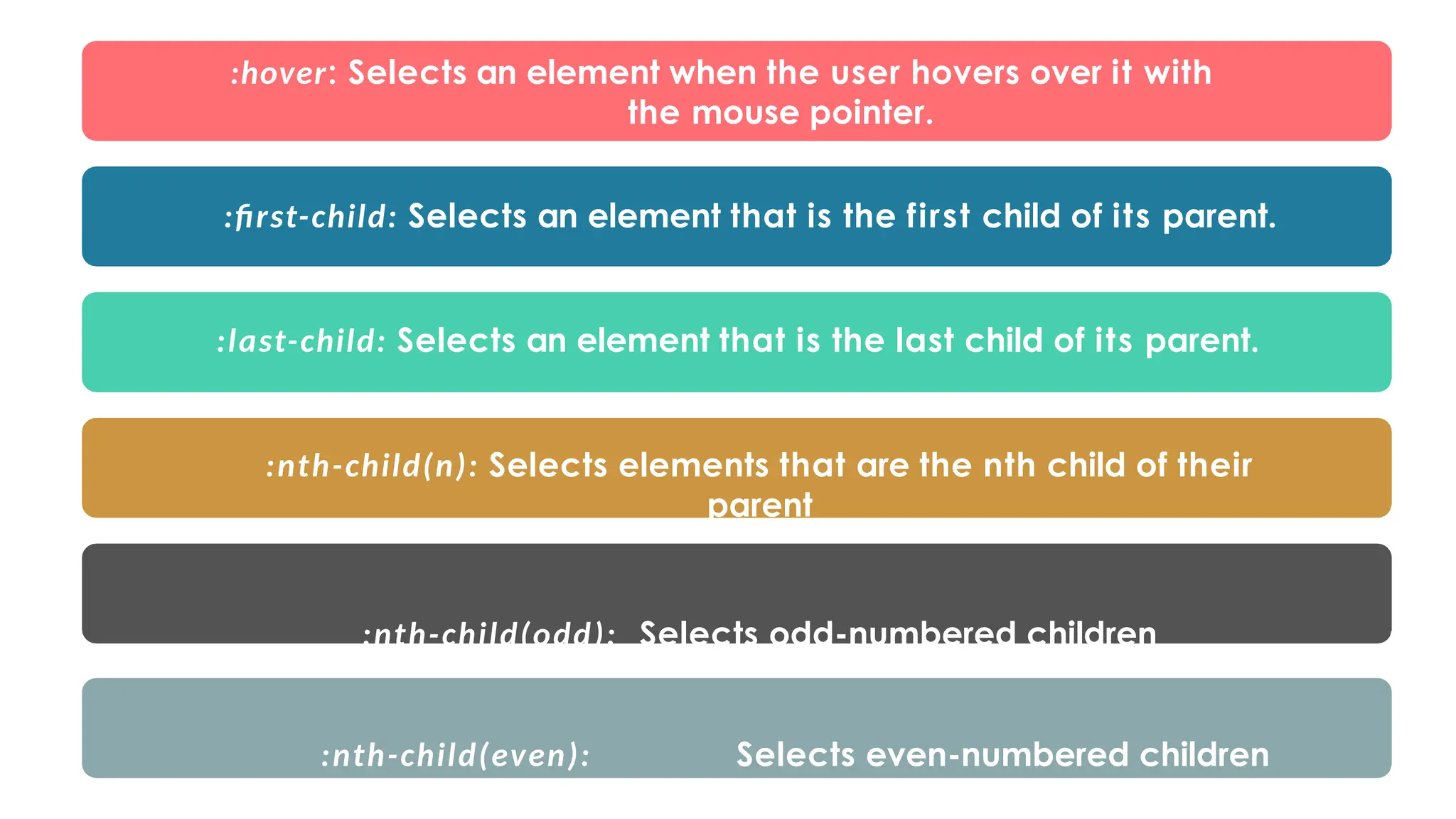 :hover: Selects an element when the user hovers over it with
the mouse pointer.
:first-child: Selects an element that is the first child of its parent.
:last-child: Selects an element that is the last child of its parent.
:nth-child(n): Selects elements that are the nth child of their
parent
:nth-child(odd): Selects odd-numbered children
:nth-child(even): Selects even-numbered children
 