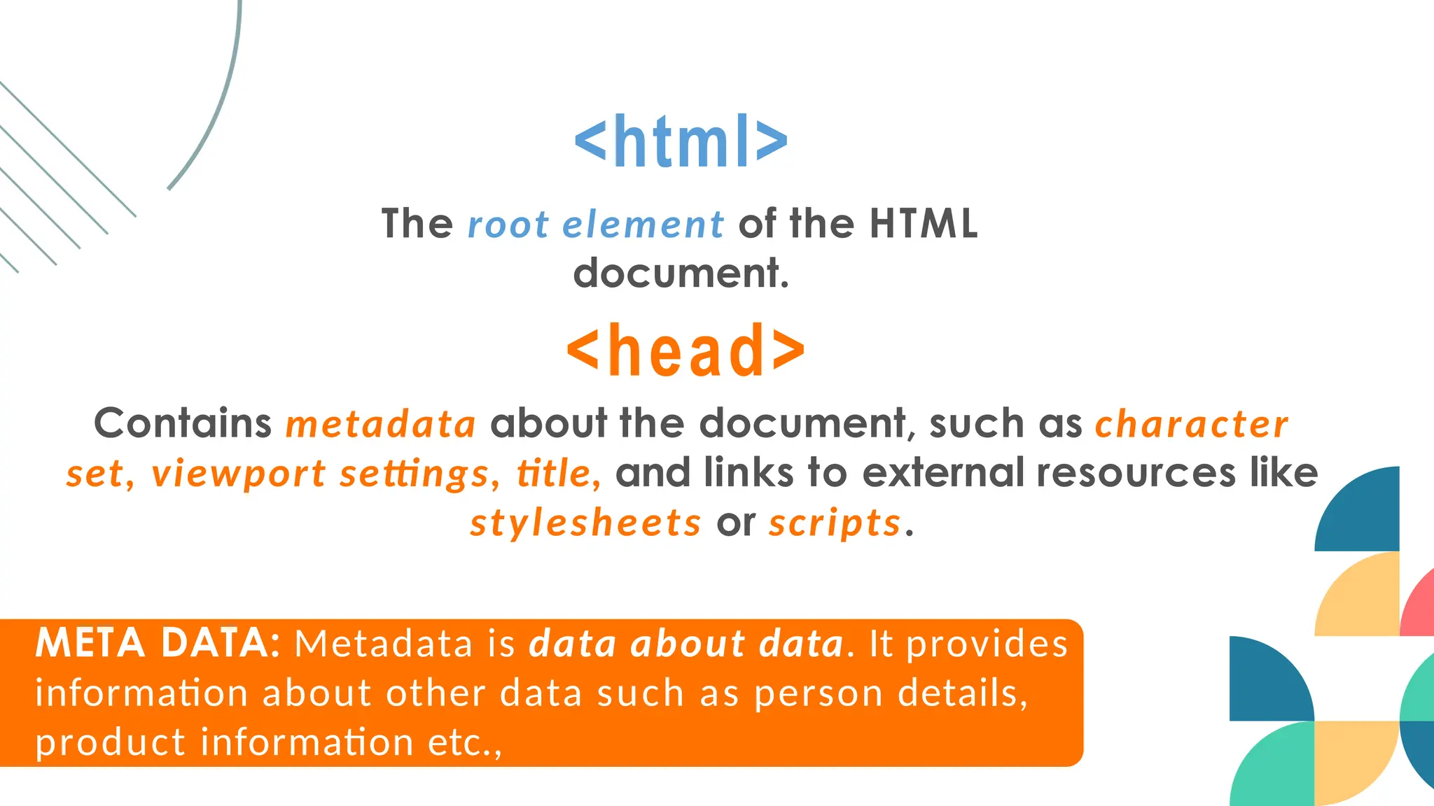 <html>
The root element of the HTML
document.
<head>
Contains metadata about the document, such as character
set, viewport settings, title, and links to external resources like
stylesheets or scripts.
META DATA: Metadata is data about data. It provides
information about other data such as person details,
product information etc.,
 