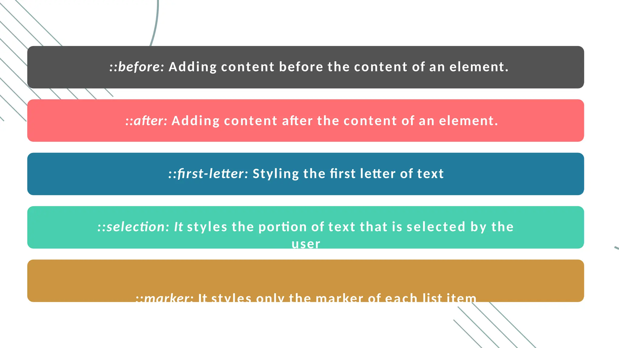 ::before: Adding content before the content of an element.
::after: Adding content after the content of an element.
::first-letter: Styling the first letter of text
::selection: It styles the portion of text that is selected by the
user
::marker: It styles only the marker of each list item
 