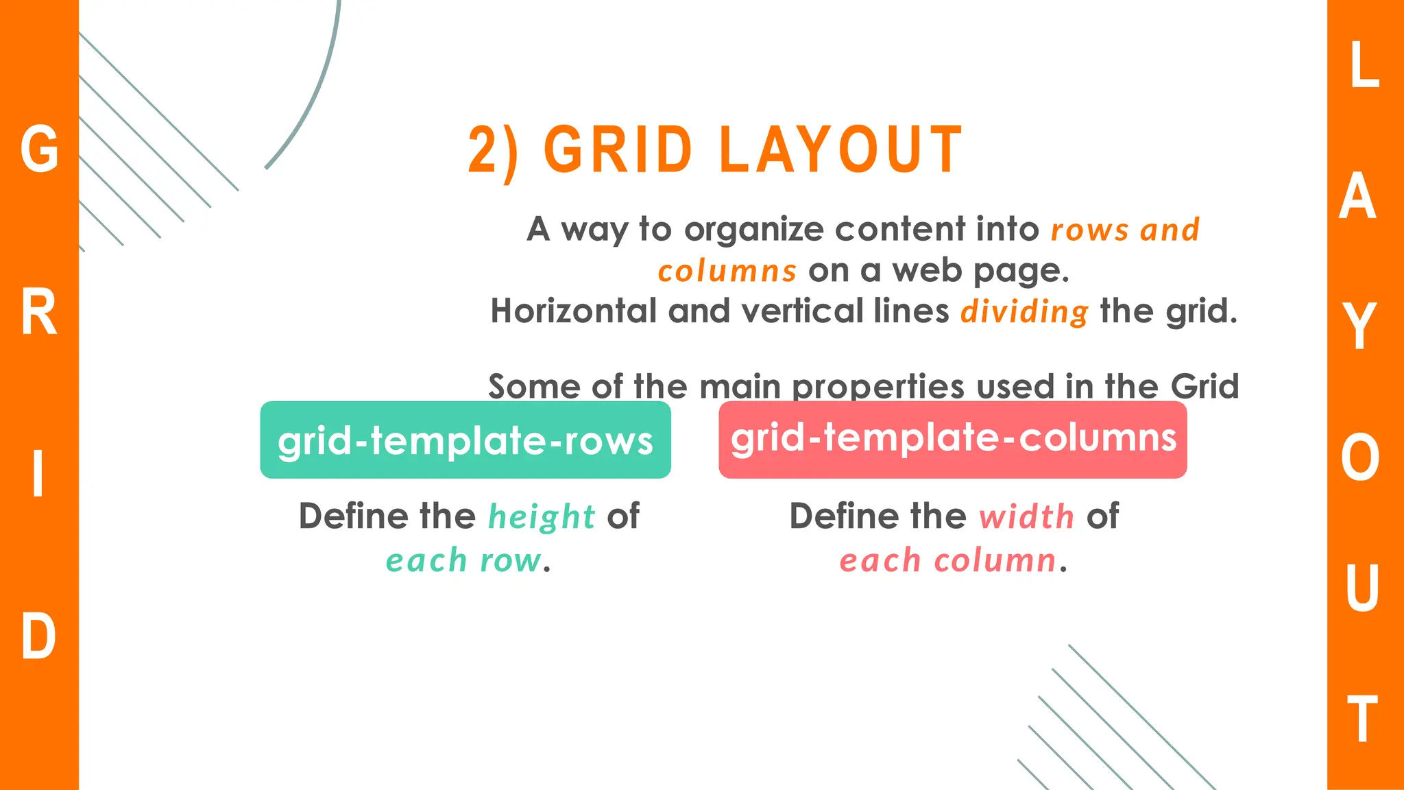 L
A
Y
O
U
T
G
R
I
D
2) GRID LAYOUT
A way to organize content into rows and
columns on a web page.
Horizontal and vertical lines dividing the grid.
Some of the main properties used in the Grid
Layout,
grid-template-rows
Define the height of
each row.
grid-template-columns
Define the width of
each column.
 