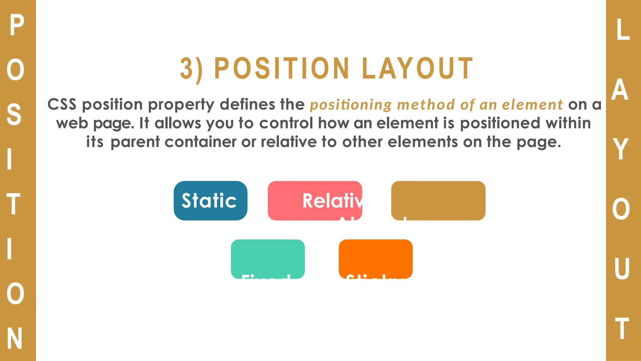 L
A
Y
O
U
T
3) POSITION LAYOUT
CSS position property defines the positioning method of an element on a
web page. It allows you to control how an element is positioned within
its parent container or relative to other elements on the page.
P
O
S
I
T
I
O
N
Static Relative
Absolute
Fixed Sticky
 