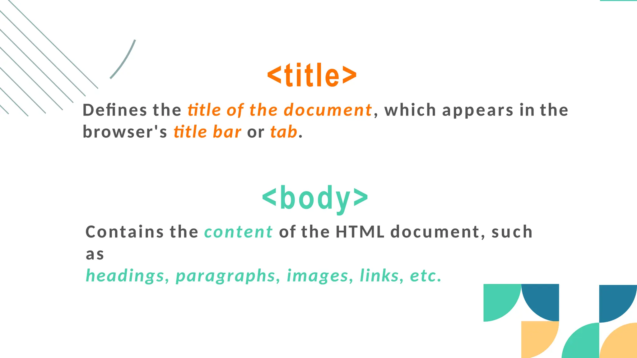 <title>
Defines the title of the document, which appears in the
browser's title bar or tab.
<body>
Contains the content of the HTML document, such
as
headings, paragraphs, images, links, etc.
 