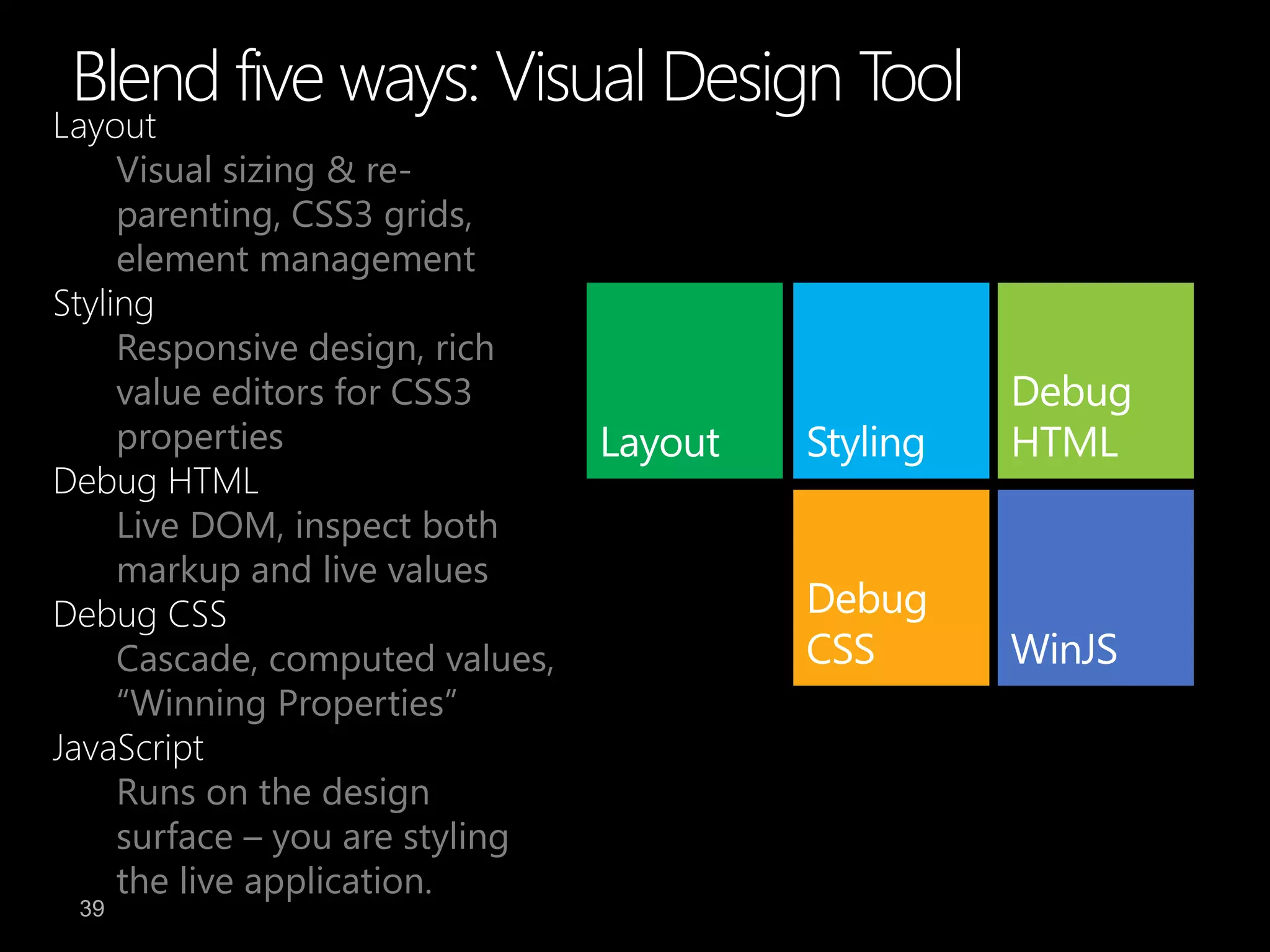 Blend five ways: Visual Design Tool
Layout
     Visual sizing & re-
     parenting, CSS3 grids,
     element management
Styling
     Responsive design, rich
     value editors for CSS3
     properties
Debug HTML
     Live DOM, inspect both
     markup and live values
Debug CSS
     Cascade, computed values,
     “Winning Properties”
JavaScript
     Runs on the design
     surface – you are styling
     the live application.
 39
 