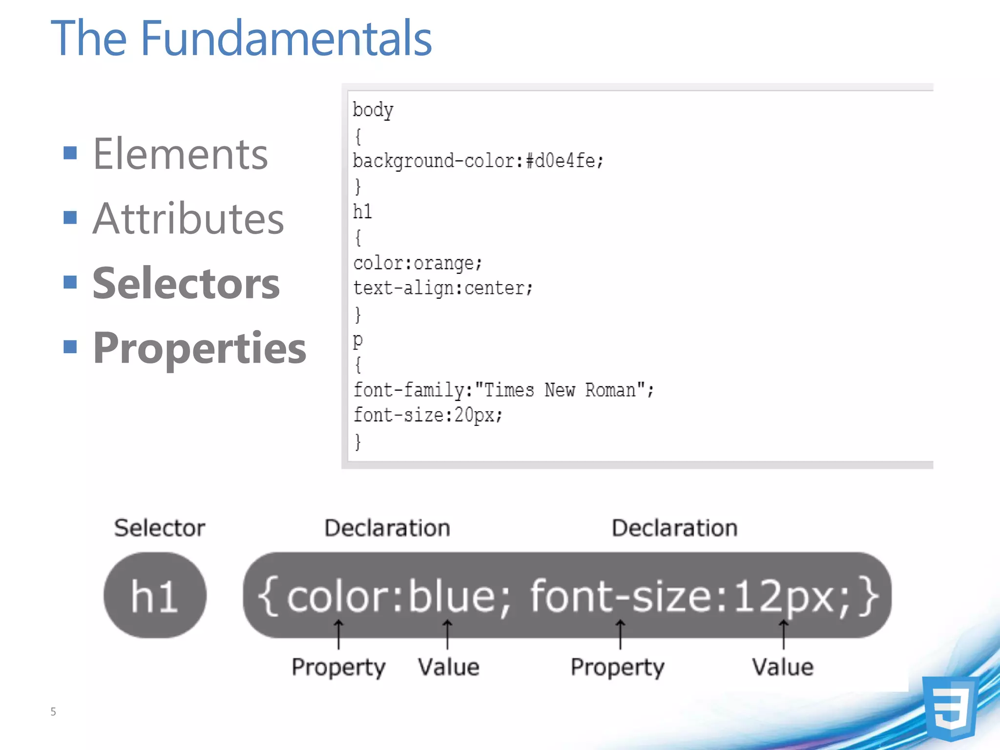 The Fundamentals

     Elements
     Attributes
     Selectors
     Properties




5
 