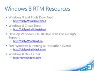 Windows 8 RTM Resources
 Windows 8 and Tools Download
    http://bit.ly/Wins8Download
 Windows 8 Cheat Sheet
    http://bit.ly/wins8cheatsheet
 Develop Windows 8 in 30 Days with Consulting&
  Support
    http://bit.ly/Win8GenApp
 Free Windows 8 training & Hackathon Events
    http://bit.ly/wins8Hackathon
 Windows 8 Dev Center
    http://dev.windows.com
 