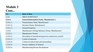 Module 3
Cont...
3.2. Body of Data
3.2.S. DRUG SUBSTANCE
3.2.S.1. General Information (Name, Manufacturer )
3.2.S.1.1. Nomenclature( Name, Manufacturer)
3.2.S.1.2. Structure (Name, Manufacturer)
3.2.S.1.3. General Properties
3.2.S.2. Manufacturer of Drug Substance (Name, Manufacturer)
3.2.S.2.1. Manufacturer (Name)
3.2.S.2.2. Description of manufacturing process and process controls
3.2.S.2.3. Control of materials
3.2.S.2.4. Control of critical steps and intermediates
3.2.S.2.5. Process validation /Evaluation
3.2.S.2.6. Manufacturing Process Development
 