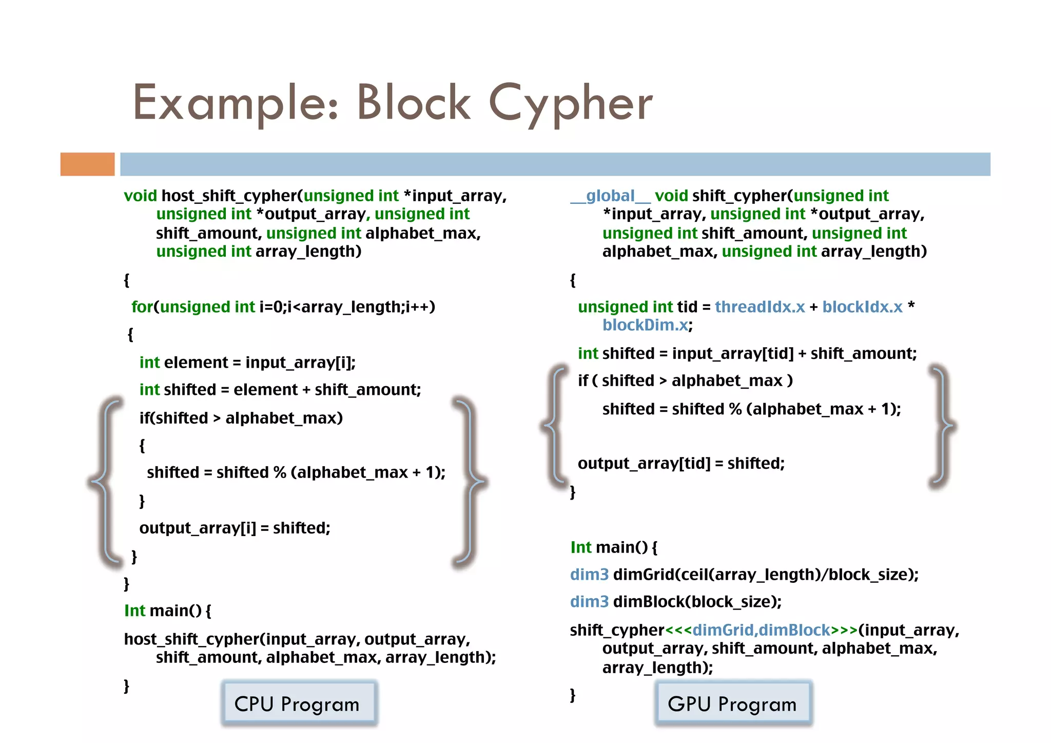 Example: Block Cypher
void host_shift_cypher(unsigned int *input_array,    __global__ void shift_cypher(unsigned int
    unsigned int *output_array, unsigned int             *input_array, unsigned int *output_array,
    shift_amount, unsigned int alphabet_max,             unsigned int shift_amount, unsigned int
    unsigned int array_length)	
                         alphabet_max, unsigned int array_length)	
{	
                                                  {	
  for(unsigned int i=0;i<array_length;i++)	
           unsigned int tid = threadIdx.x + blockIdx.x *
                                                          blockDim.x;	
 {	
                                                       int shifted = input_array[tid] + shift_amount;	
       int element = input_array[i];	
                                                       if ( shifted > alphabet_max )	
       int shifted = element + shift_amount;	
                                                           	
shifted = shifted % (alphabet_max + 1);	
       if(shifted > alphabet_max)	
       {	
                                                       output_array[tid] = shifted;	
         shifted = shifted % (alphabet_max + 1);	
                                                     }	
       }	
       output_array[i] = shifted;	
                                                     Int main() {	
  }	
                                                     dim3 dimGrid(ceil(array_length)/block_size);	
}	
                                                     dim3 dimBlock(block_size);	
Int main() {	
                                                     shift_cypher<<<dimGrid,dimBlock>>>(input_array,
host_shift_cypher(input_array, output_array,
                                                          output_array, shift_amount, alphabet_max,
    shift_amount, alphabet_max, array_length);	
                                                          array_length);	
}	
                                                     }	
                    CPU Program                                       GPU Program
 