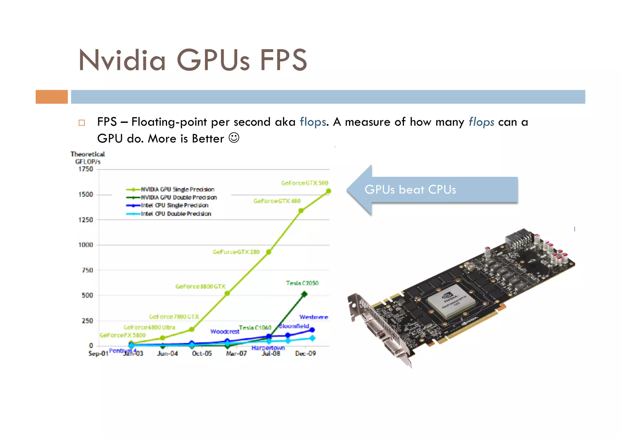 Nvidia GPUs FPS
    FPS – Floating-point per second aka flops. A measure of how many flops can a
     GPU do. More is Better 


                                                    GPUs beat CPUs
 