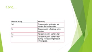 Cont….
Format String Meaning
%d Scan or print an integer as
signed decimal number
%f Scan or print a floating point
number
%c To scan or print a character
%s To scan or print a character
string. The scanning ends at
whitespace.
 