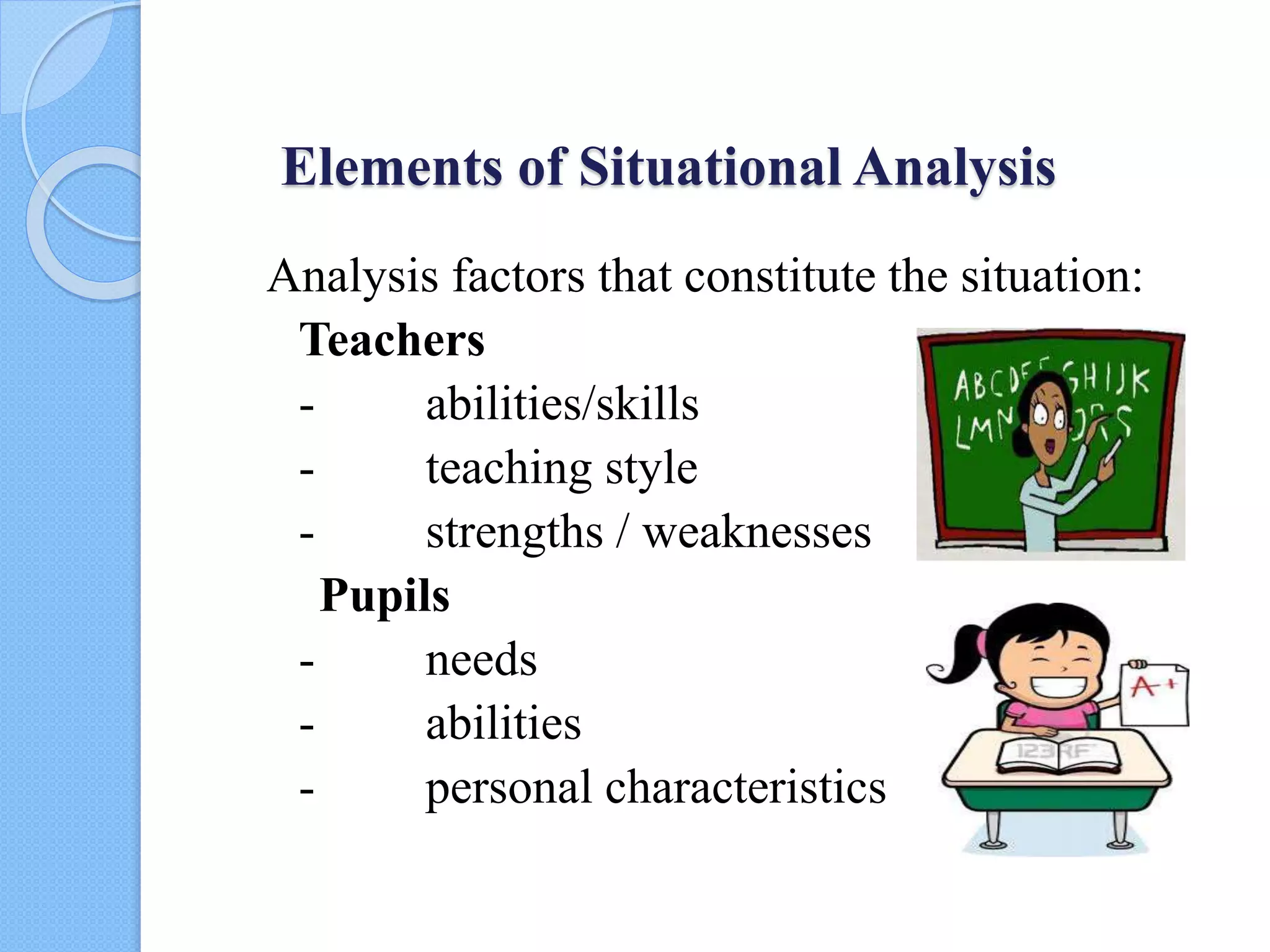 Elements of Situational Analysis
Analysis factors that constitute the situation:
Teachers
- abilities/skills
- teaching style
- strengths / weaknesses
Pupils
- needs
- abilities
- personal characteristics
 