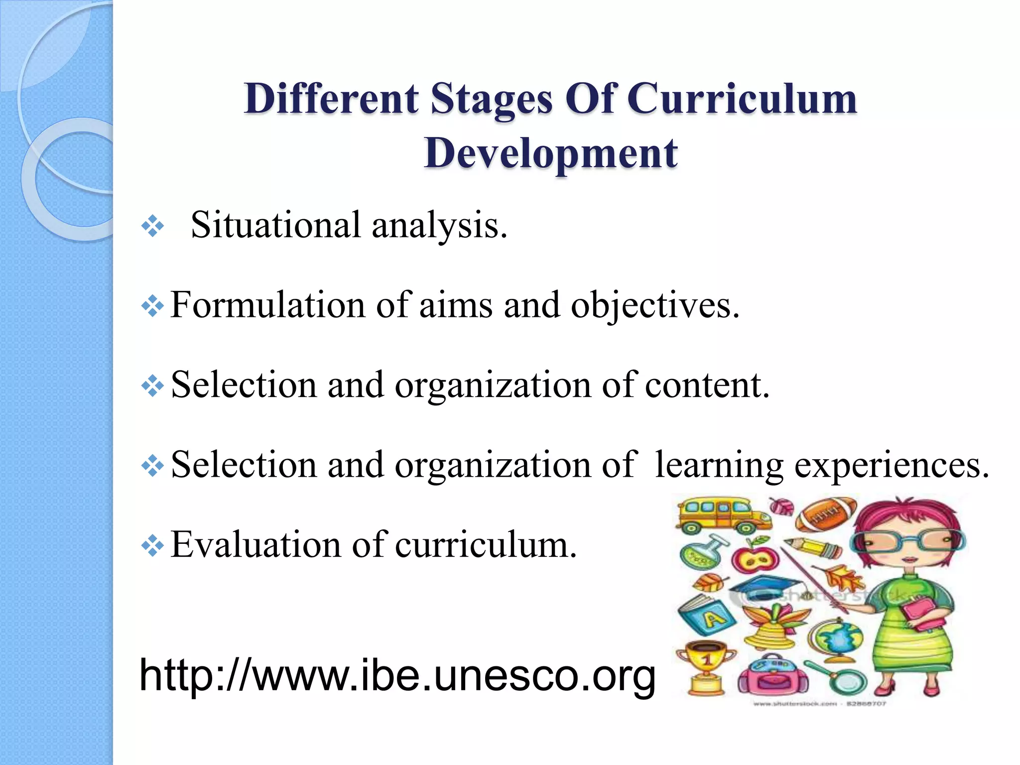 Different Stages Of Curriculum
Development
 Situational analysis.
Formulation of aims and objectives.
Selection and organization of content.
Selection and organization of learning experiences.
Evaluation of curriculum.
http://www.ibe.unesco.org
 