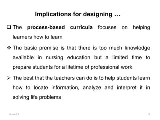  The process-based curricula focuses on helping
learners how to learn
 The basic premise is that there is too much knowledge
available in nursing education but a limited time to
prepare students for a lifetime of professional work
 The best that the teachers can do is to help students learn
how to locate information, analyze and interpret it in
solving life problems
Implications for designing …
8-Jun-23 15
 