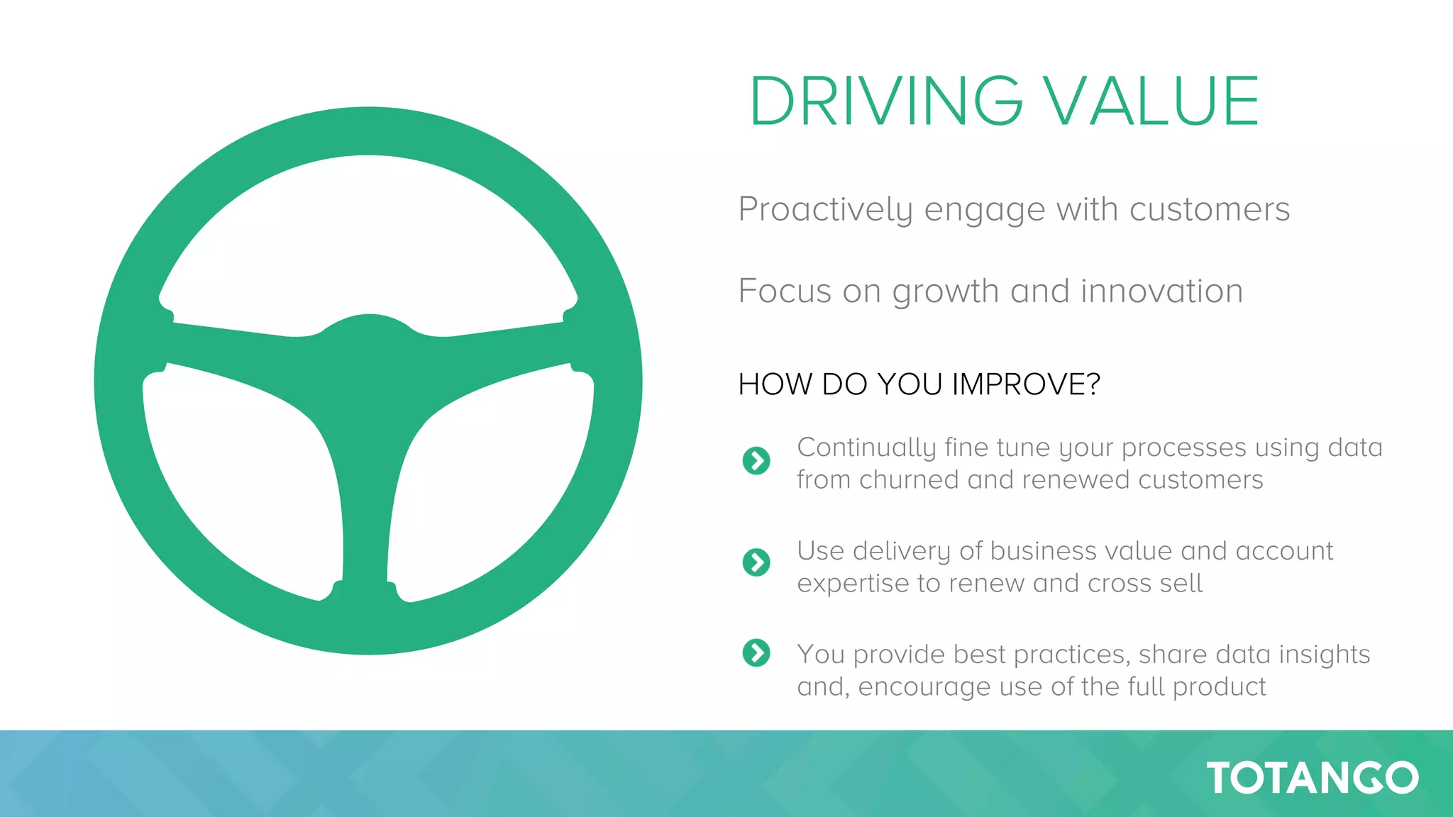 DRIVING VALUE
Proactively engage with customers 
Focus on growth and innovation
HOW DO YOU IMPROVE?
Continually fine tune your processes using data
from churned and renewed customers
Use delivery of business value and account
expertise to renew and cross sell
You provide best practices, share data insights
and, encourage use of the full product
 