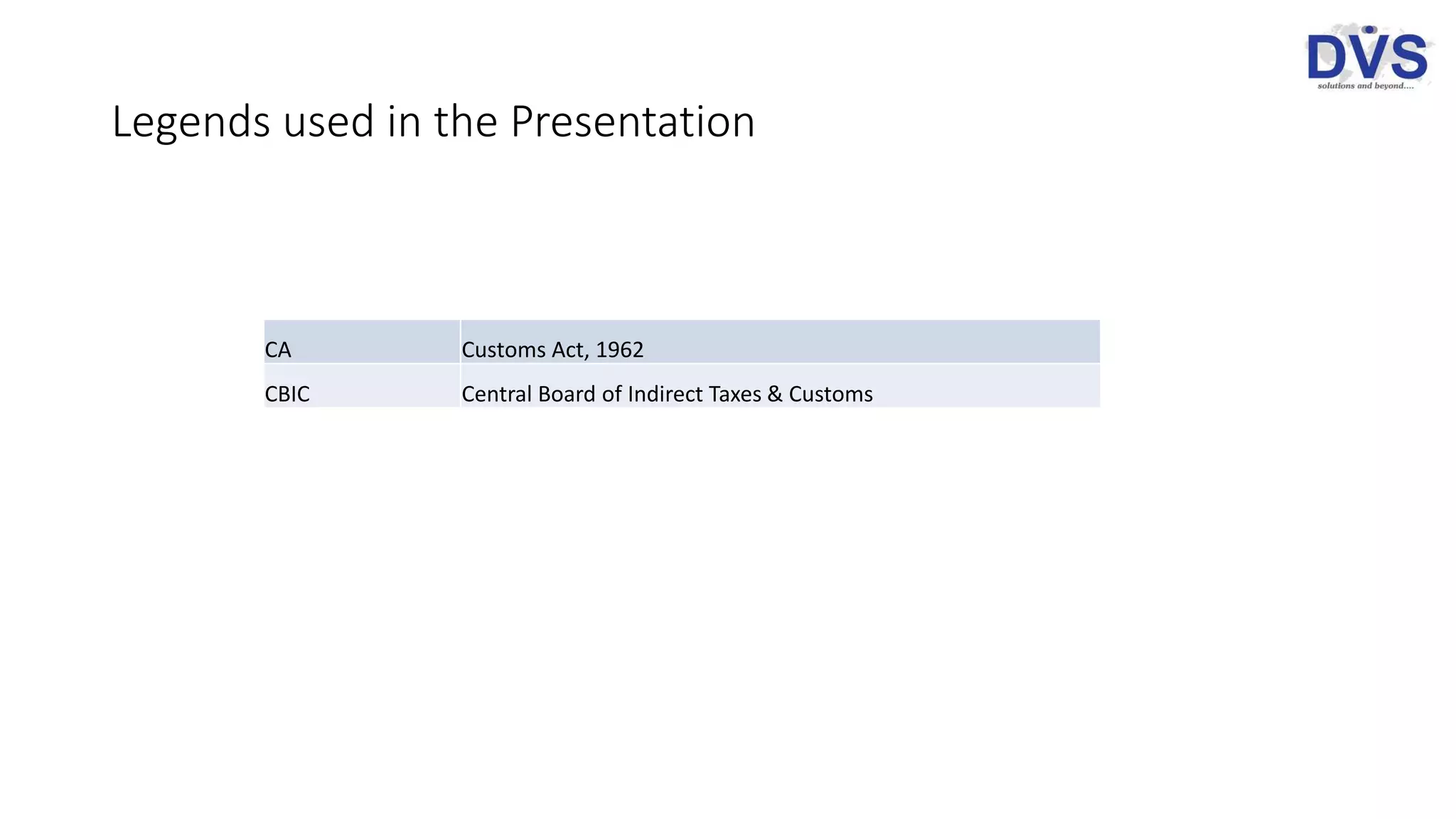 Legends used in the Presentation
CA Customs Act, 1962
CBIC Central Board of Indirect Taxes & Customs
 