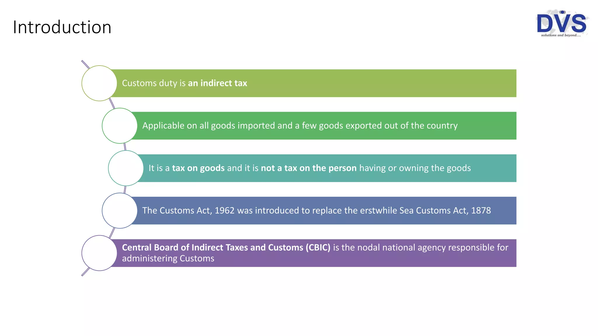 Introduction
Customs duty is an indirect tax
Applicable on all goods imported and a few goods exported out of the country
It is a tax on goods and it is not a tax on the person having or owning the goods
The Customs Act, 1962 was introduced to replace the erstwhile Sea Customs Act, 1878
Central Board of Indirect Taxes and Customs (CBIC) is the nodal national agency responsible for
administering Customs
 