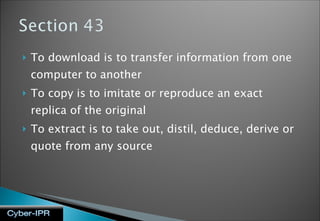 To download is to transfer information from one computer to another To copy is to imitate or reproduce an exact replica of the original To extract is to take out, distil, deduce, derive or quote from any source 