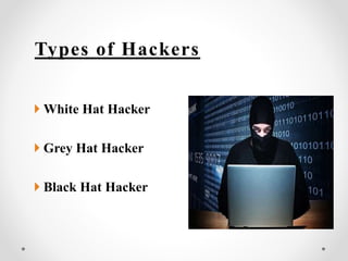 Types of Hackers
 White Hat Hacker
 Grey Hat Hacker
 Black Hat Hacker
 