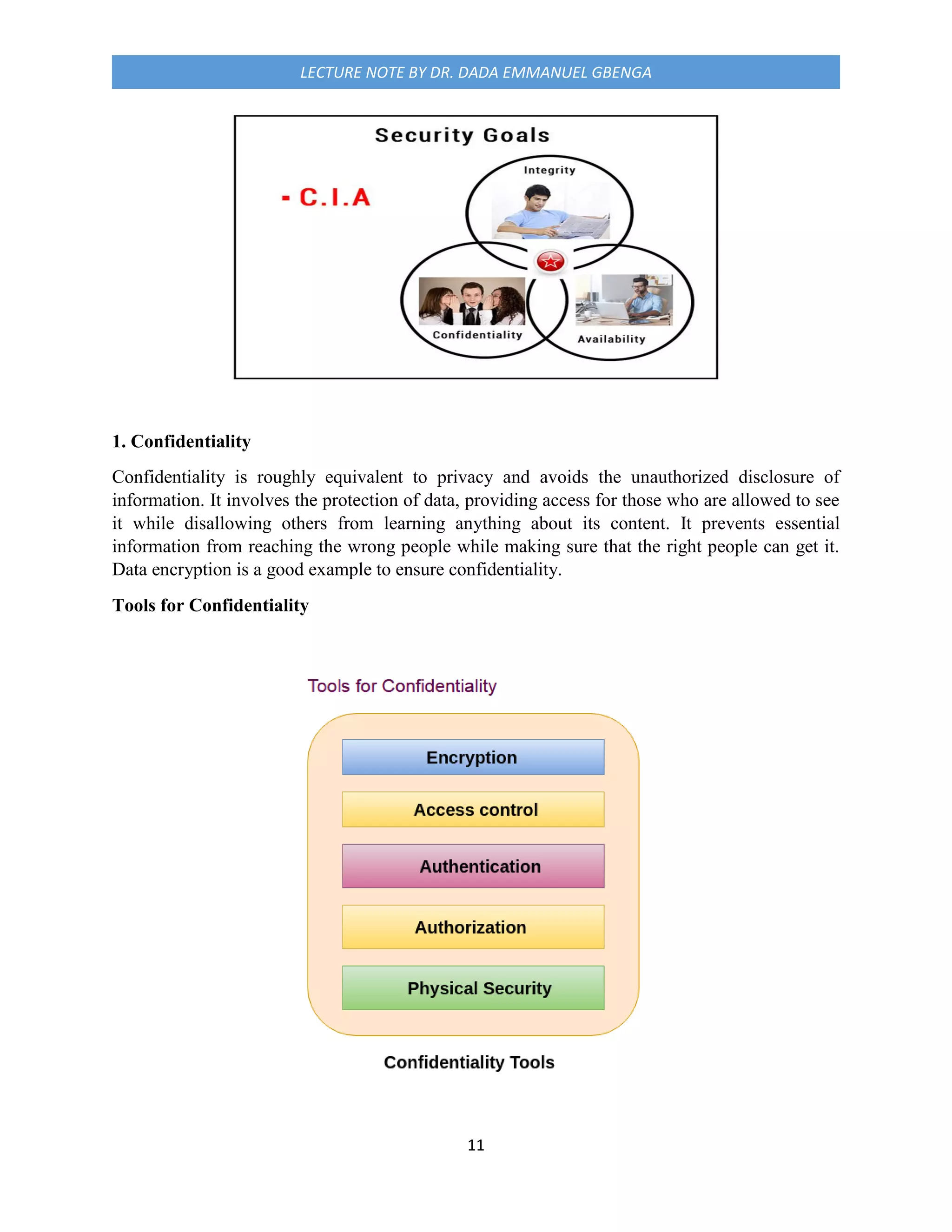 11
LECTURE NOTE BY DR. DADA EMMANUEL GBENGA
1. Confidentiality
Confidentiality is roughly equivalent to privacy and avoids the unauthorized disclosure of
information. It involves the protection of data, providing access for those who are allowed to see
it while disallowing others from learning anything about its content. It prevents essential
information from reaching the wrong people while making sure that the right people can get it.
Data encryption is a good example to ensure confidentiality.
Tools for Confidentiality
 