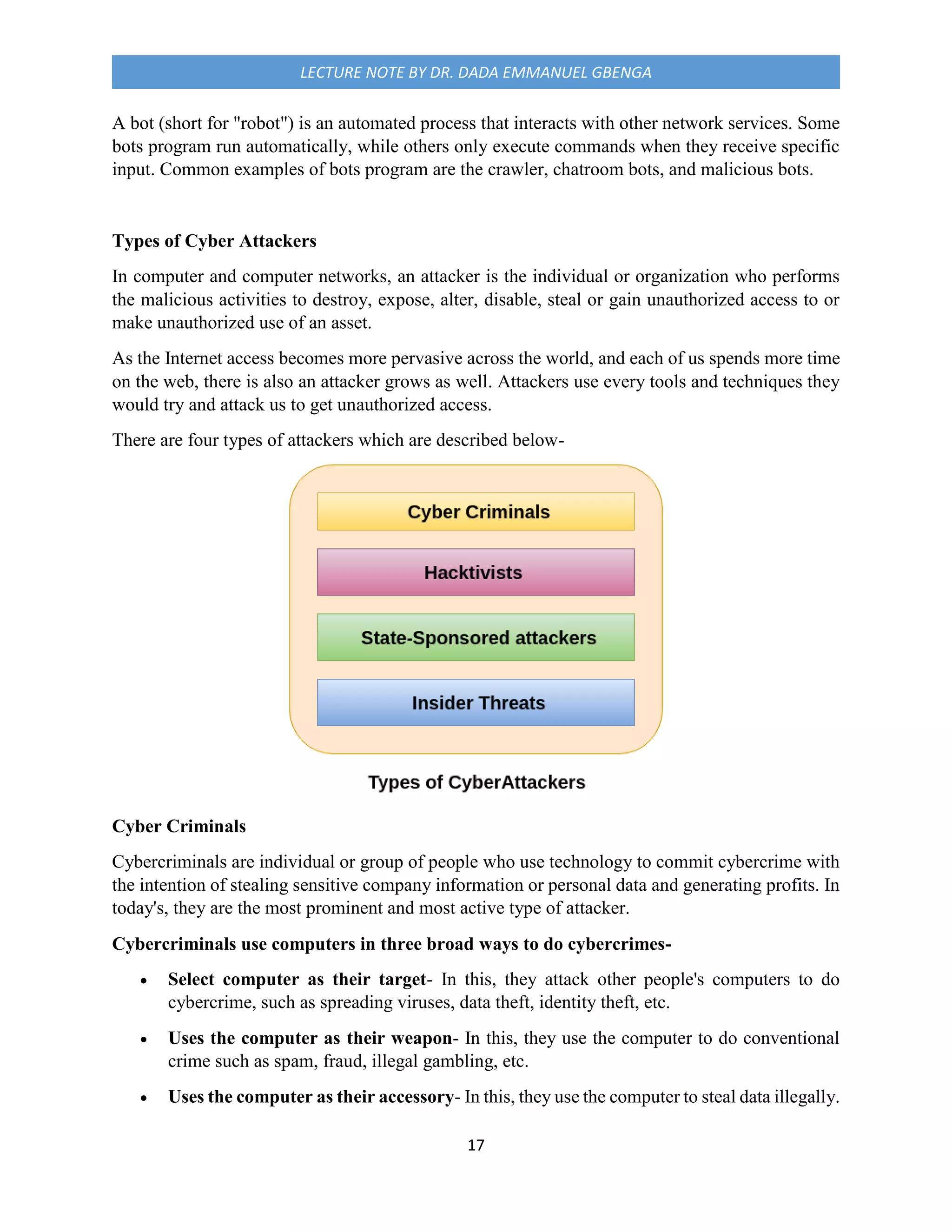 17
LECTURE NOTE BY DR. DADA EMMANUEL GBENGA
A bot (short for "robot") is an automated process that interacts with other network services. Some
bots program run automatically, while others only execute commands when they receive specific
input. Common examples of bots program are the crawler, chatroom bots, and malicious bots.
Types of Cyber Attackers
In computer and computer networks, an attacker is the individual or organization who performs
the malicious activities to destroy, expose, alter, disable, steal or gain unauthorized access to or
make unauthorized use of an asset.
As the Internet access becomes more pervasive across the world, and each of us spends more time
on the web, there is also an attacker grows as well. Attackers use every tools and techniques they
would try and attack us to get unauthorized access.
There are four types of attackers which are described below-
Cyber Criminals
Cybercriminals are individual or group of people who use technology to commit cybercrime with
the intention of stealing sensitive company information or personal data and generating profits. In
today's, they are the most prominent and most active type of attacker.
Cybercriminals use computers in three broad ways to do cybercrimes-
 Select computer as their target- In this, they attack other people's computers to do
cybercrime, such as spreading viruses, data theft, identity theft, etc.
 Uses the computer as their weapon- In this, they use the computer to do conventional
crime such as spam, fraud, illegal gambling, etc.
 Uses the computer as their accessory- In this, they use the computer to steal data illegally.
 