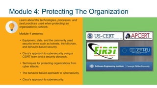 10
© 2017 Cisco and/or its affiliates. All rights reserved. Cisco Confidential
Module 4: Protecting The Organization
Learn about the technologies, processes, and
best practices used when protecting an
organization’s network.
Module 4 presents:
• Equipment, data, and the commonly used
security terms such as botnets, the kill chain,
and behavior-based security.
• Cisco’s approach to cybersecurity using a
CSIRT team and a security playbook.
• Techniques for protecting organizations from
cyber attacks.
• The behavior-based approach to cybersecurity.
• Cisco’s approach to cybersecurity.
 