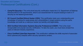 © 2020 Cisco and/or its affiliates. All rights reserved. Cisco Confidential
Education and Careers
Professional Certifications (Cont.)
• CompTIA Security+: This entry-level security certification meets the U.S. Department of Defense
Directive 8570.01-M requirements, which is an essential item for anyone looking to work in IT
security for the federal government.
• EC Council Certified Ethical Hacker (CEH): This certification tests your understanding and
knowledge of looking for weaknesses and vulnerabilities in target systems using the same
knowledge and tools as a malicious hacker but lawfully and legitimately.
• ISC2 Certified Information Systems Security Professional (CISSP): This is the most
recognizable and popular security certification. To take the exam, you must have at least five
years of relevant industry experience.
• Cisco Certified CyberOps Associate: This certification validates the skills required of associate-
level cybersecurity analysts within security operations centers.
19
 