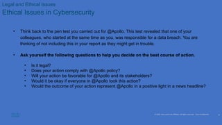 © 2020 Cisco and/or its affiliates. All rights reserved. Cisco Confidential
Legal and Ethical Issues
Ethical Issues in Cybersecurity
• Think back to the pen test you carried out for @Apollo. This test revealed that one of your
colleagues, who started at the same time as you, was responsible for a data breach. You are
thinking of not including this in your report as they might get in trouble.
• Ask yourself the following questions to help you decide on the best course of action.
• Is it legal?
• Does your action comply with @Apollo policy?
• Will your action be favorable for @Apollo and its stakeholders?
• Would it be okay if everyone in @Apollo took this action?
• Would the outcome of your action represent @Apollo in a positive light in a news headline?
14
 