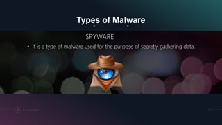 Types of Malware
SPYWARE
• It is a type of malware used for the purpose of secretly gathering data.
10 By Kumayl Rajani
 