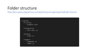 Folder structure
https://docs.cypress.io/guides/core-concepts/writing-and-organizing-tests#Folder-structure
 