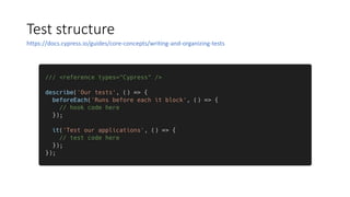 Test structure
https://docs.cypress.io/guides/core-concepts/writing-and-organizing-tests
 
