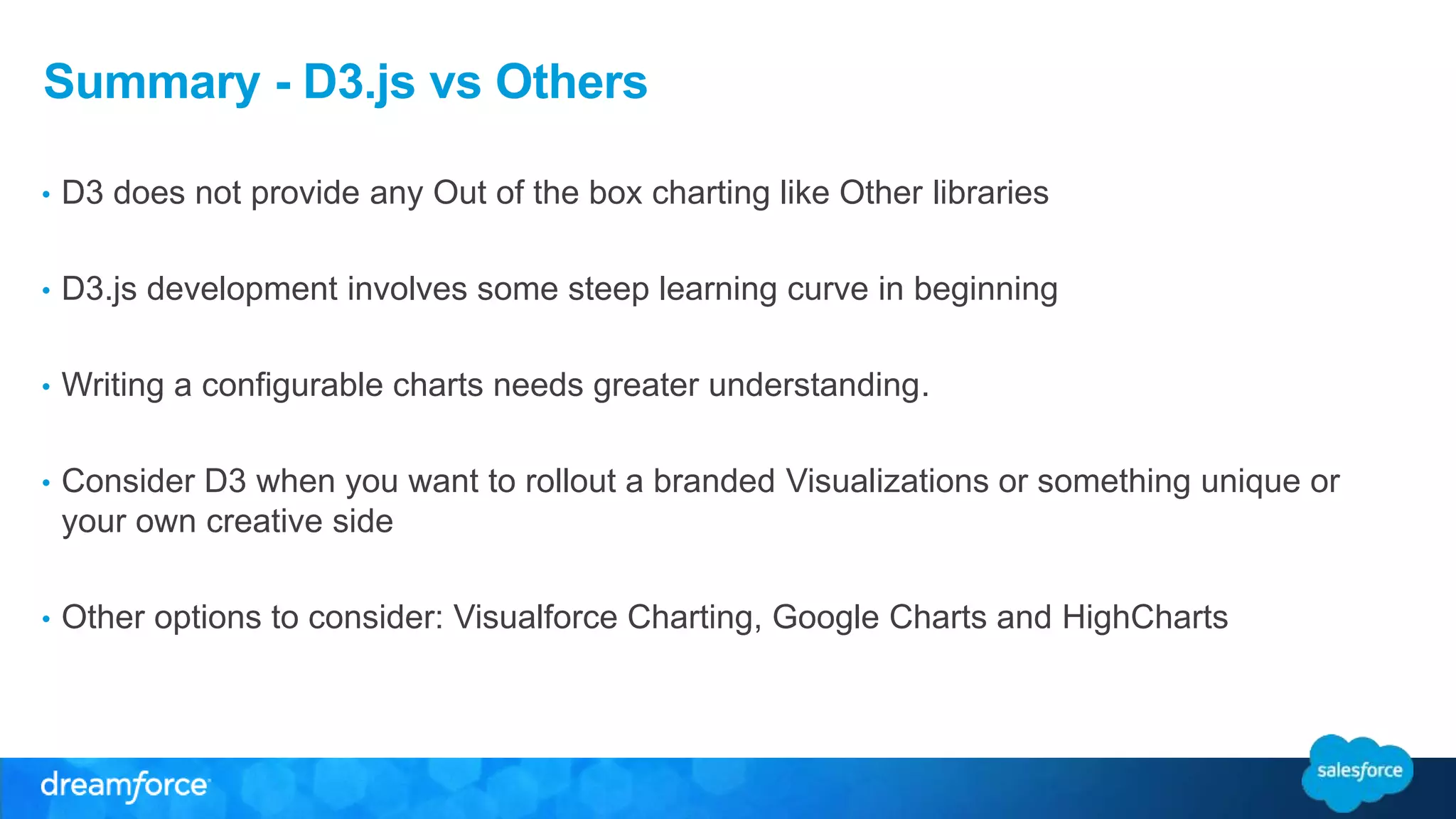 Summary - D3.js vs Others
• D3 does not provide any Out of the box charting like Other libraries
• D3.js development involves some steep learning curve in beginning
• Writing a configurable charts needs greater understanding.
• Consider D3 when you want to rollout a branded Visualizations or something unique or
your own creative side
• Other options to consider: Visualforce Charting, Google Charts and HighCharts
 