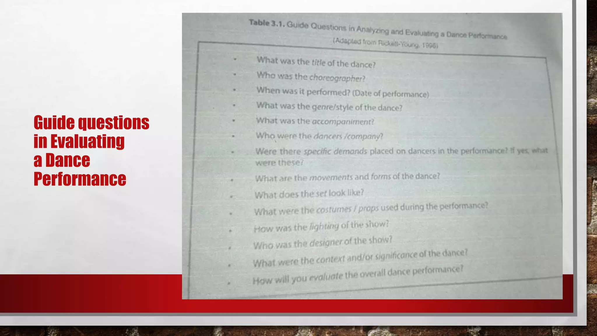 Guide questions
in Evaluating
a Dance
Performance
 