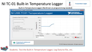 NI TC-01 Built-in Temperature Logger
Built-in Temperature Logger (No Driver or programming needed)
Students: Test the Built-in Temperature Logger, Log Data to File, etc.
 