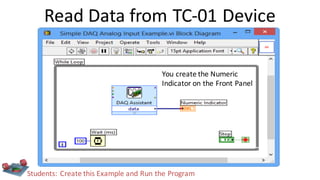 Read Data from TC-01 Device
Students: Create this Example and Run the Program
You create the Numeric
Indicator on the Front Panel
 