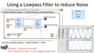 Using a Lowpass Filter to reduce Noise
Students: Create this Example.
Then Include the Filter in your Logging Application
Functions palette: Express -> Signal Analysis -> Simulate Signal
Functions palette: Express -> Signal Analysis -> Filter
 