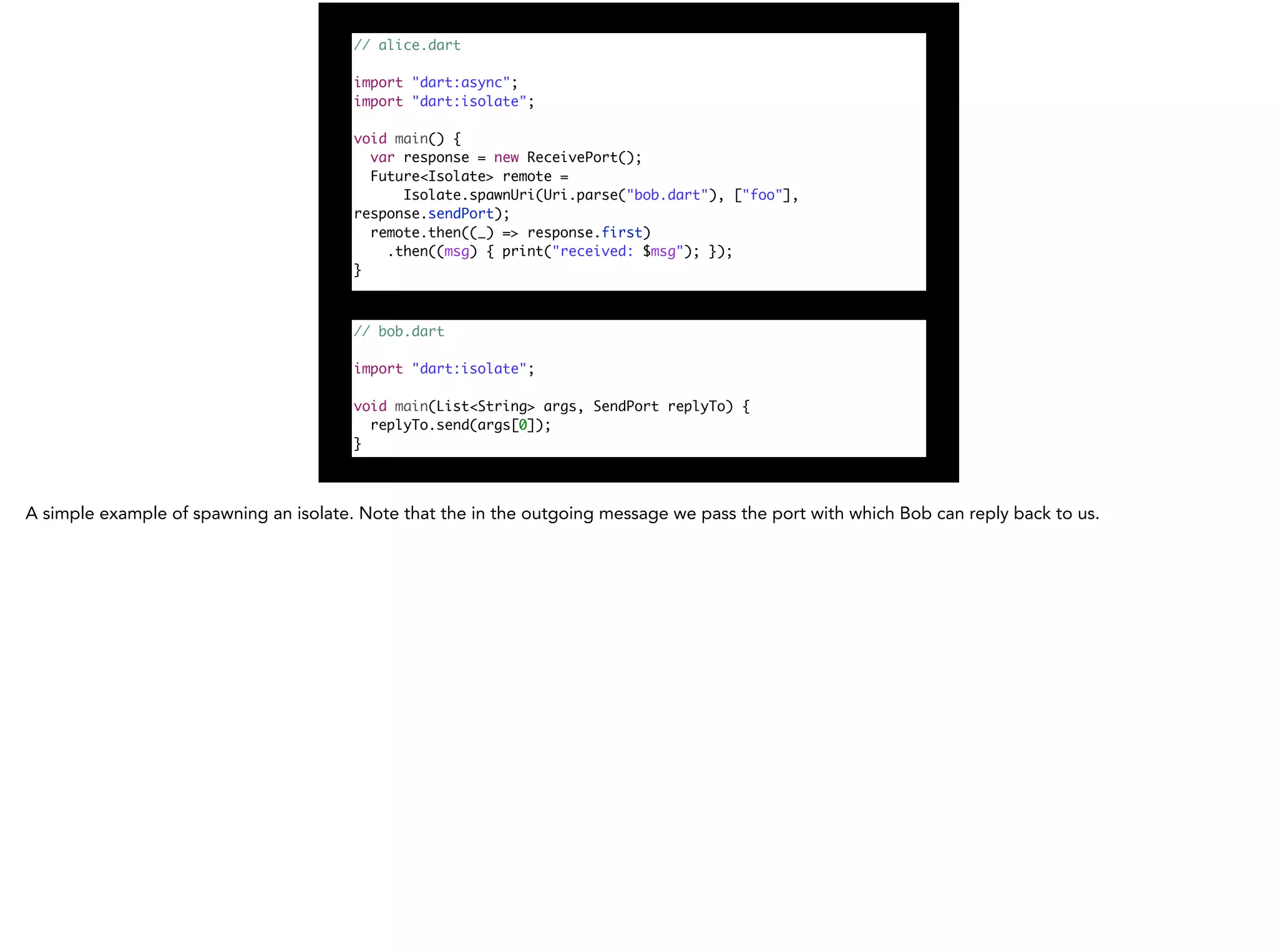 // alice.dart ! import "dart:async"; import "dart:isolate"; ! void main() { var response = new ReceivePort(); Future<Isolate> remote = Isolate.spawnUri(Uri.parse("bob.dart"), ["foo"], response.sendPort); remote.then((_) => response.first) .then((msg) { print("received: $msg"); }); } // bob.dart ! import "dart:isolate"; ! void main(List<String> args, SendPort replyTo) { replyTo.send(args[0]); } 