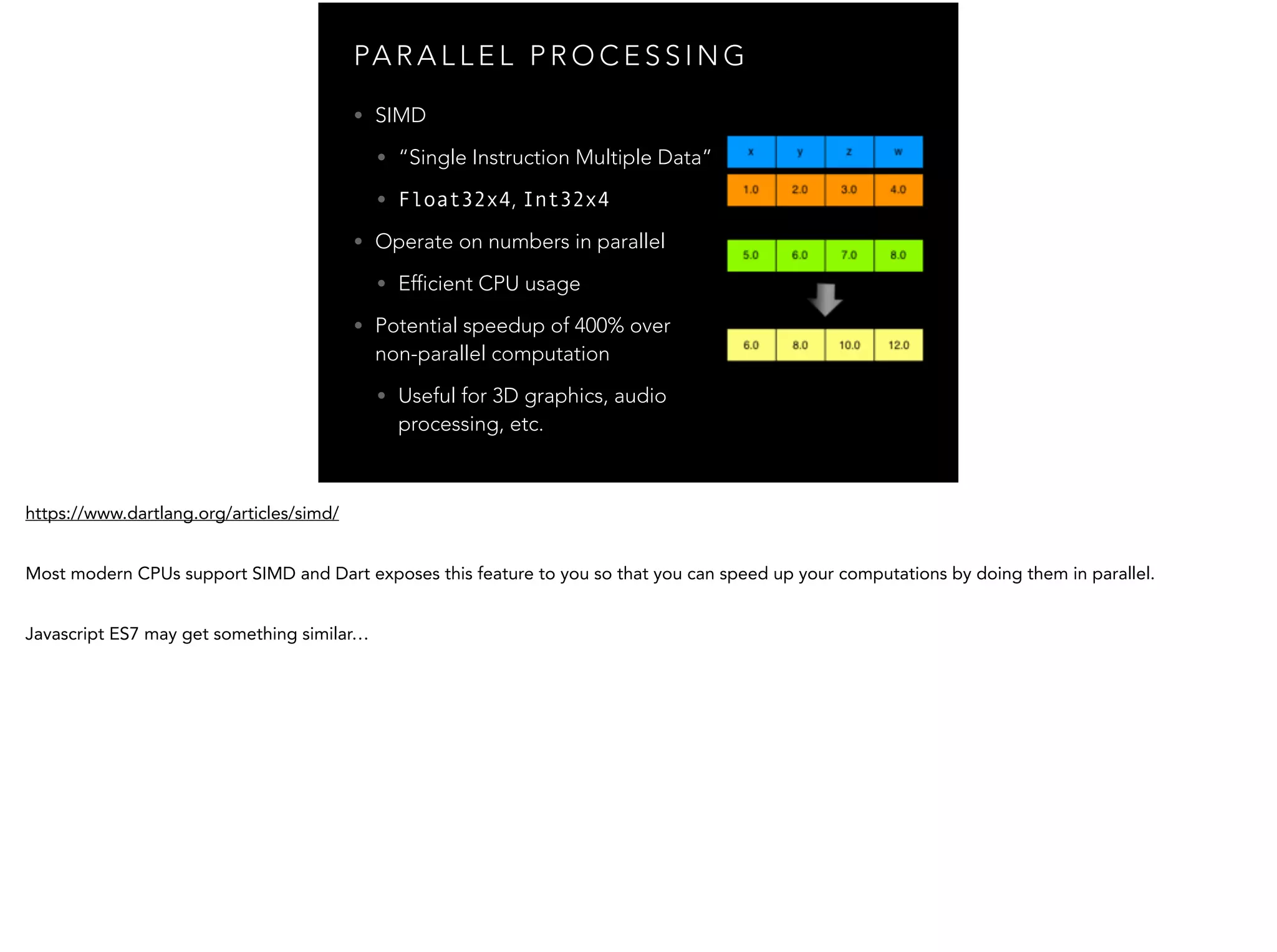 PA R A L L E L P R O C E S S I N G • SIMD • “Single Instruction Multiple Data” • Float32x4, Int32x4 • Operate on numbers in parallel • Efficient CPU usage • Potential speedup of 400% over non-parallel computation • Useful for 3D graphics, audio processing, etc. 