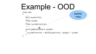 Example - OOD class Bot { ... Vec3 m_position; ... float m_mod; ... float m_aimDirection; ... void updateAim(Vec3 target) { m_aimDirection = dot3(m_position, target) * m_mod; } } icache-miss 