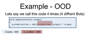 Example - OOD void updateAim(Vec3 target) { m_aimDirection = dot3(m_position, target) * m_mod; } Lets say we call this code 4 times (4 diffrent Bots) iCache – 600 m_position – 600 