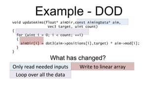 Example - DOD void updateAims(float* aimDir,const AimingData* aim,   Vec3 target, uint count) { for (uint i = 0; i < count; ++i) { aimDir[i] = dot3(aim->positions[i],target) * aim->mod[i]; } } Only read needed inputs Write to linear array Loop over all the data What has changed? 