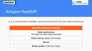 Amazon Redshift
It is a cloud-based, scalable, secure environment for your data warehouse
Benefits of Amazon Redshift
Faster performance
10x faster than other data warehouses
Easy to set up, deploy, and manage
Secure
Scales quickly to meet your needs
 