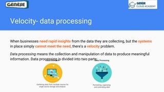 Velocity- data processing
When businesses need rapid insights from the data they are collecting, but the systems
in place simply cannot meet the need, there's a velocity problem.
Data processing means the collection and manipulation of data to produce meaningful
information. Data processing is divided into two parts:
 