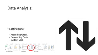Data Analysis:
• Sorting Data:
- Ascending Order.
- Descending Order.
- Custom Sort.
 