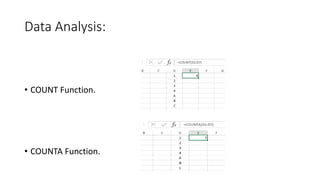 Data Analysis:
• COUNT Function.
• COUNTA Function.
 