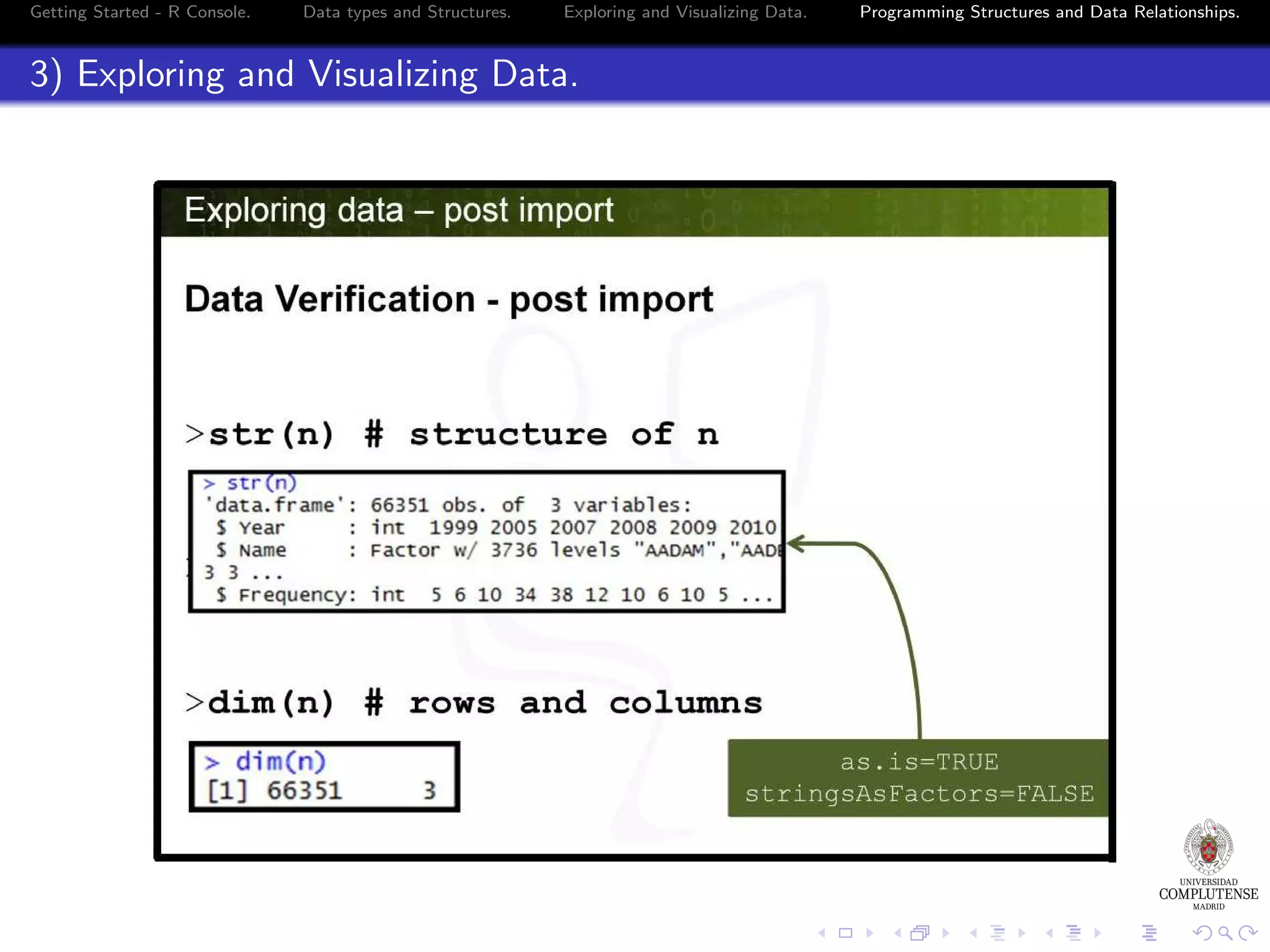 Getting Started - R Console. Data types and Structures. Exploring and Visualizing Data. 3) Exploring and Visualizing Data. Programming Structures and Data Relationships. 